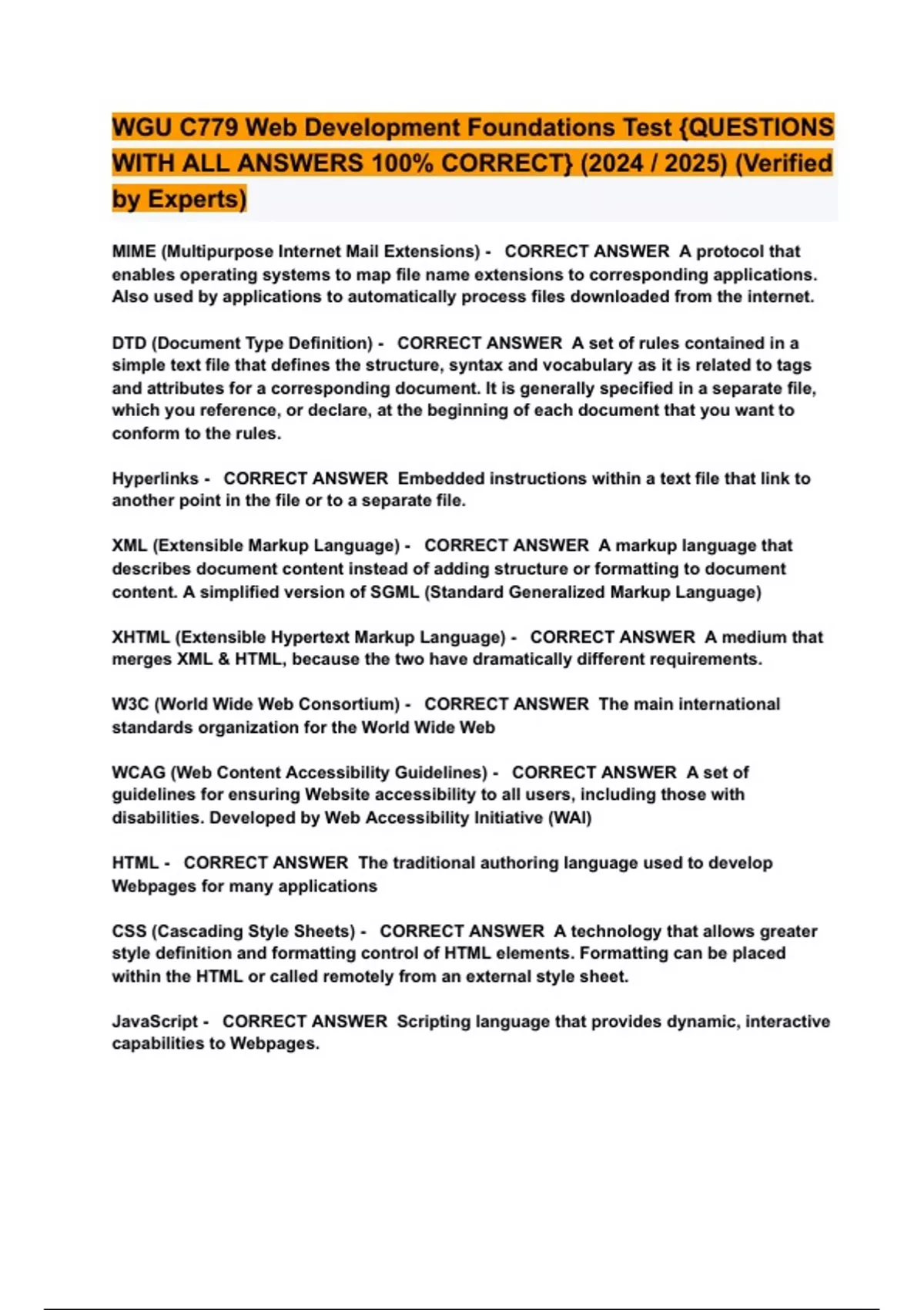 WGU C779 Web Development Foundations Test {QUESTIONS WITH ALL ANSWERS ...