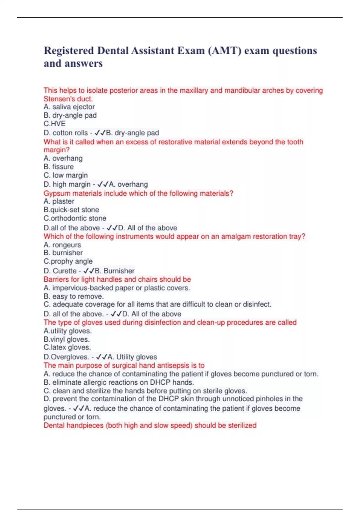 Registered Dental Assistant Exam (AMT) exam questions and answers