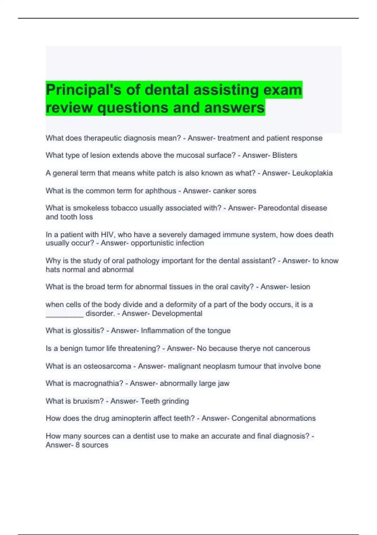 Principal's of dental assisting exam review questions and answers 2024