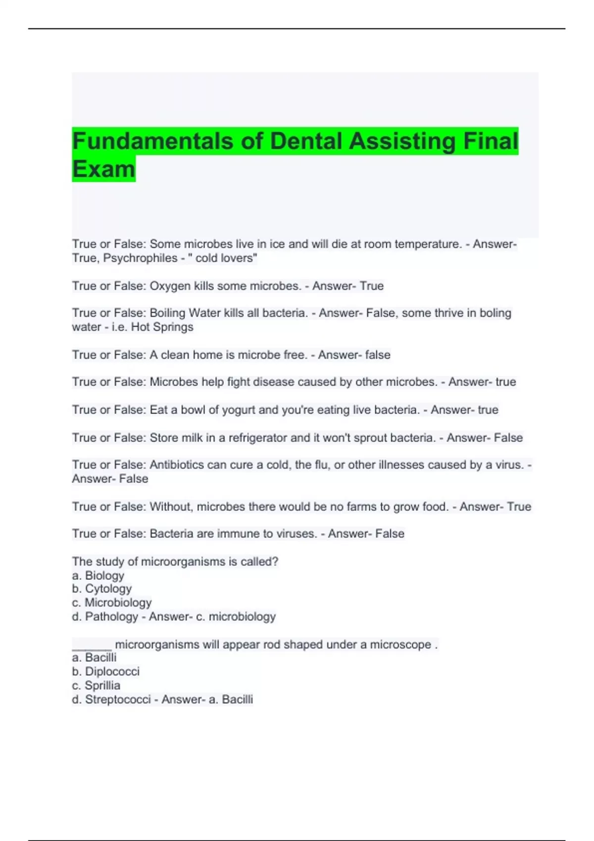 Fundamentals of Dental Assisting Final Exam Questions and Answers ...
