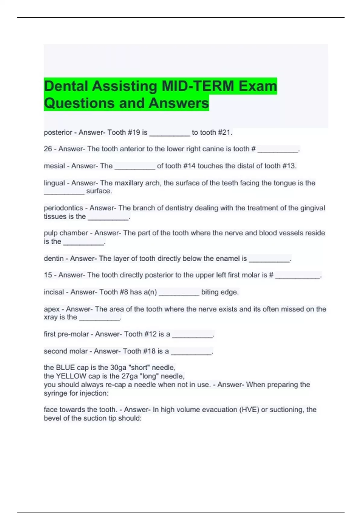 Dental Assisting MID-TERM Exam Questions and Answers 2024 - Dental ...