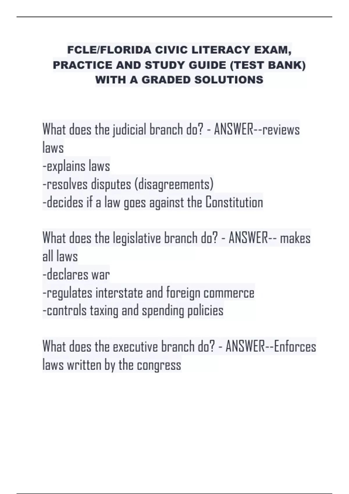 FCLE/FLORIDA CIVIC LITERACY EXAM, PRACTICE AND STUDY GUIDE (TEST BANK