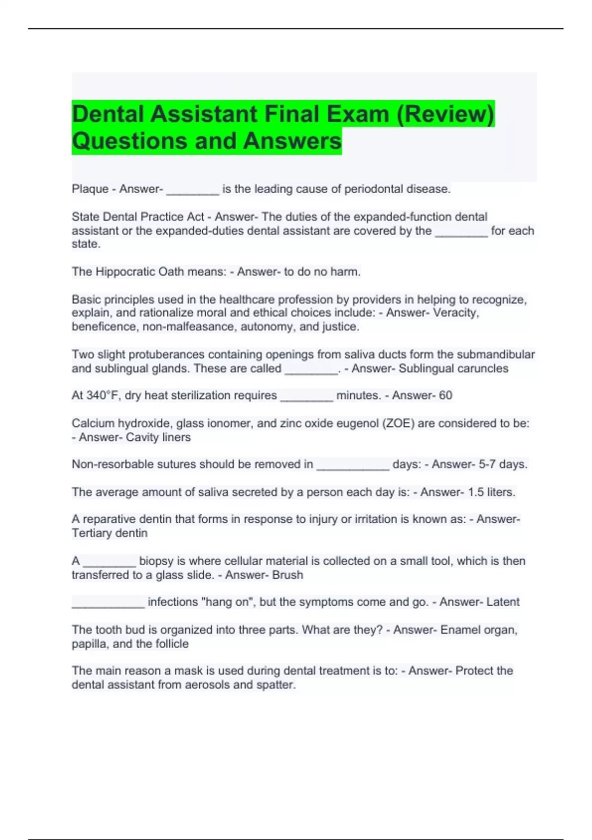Dental Assistant Final Exam (Review) Questions and Answers 2024 ...