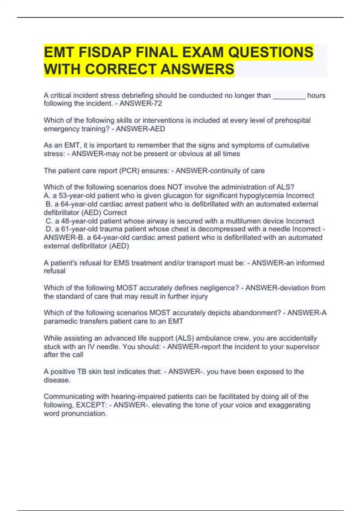 EMT FISDAP FINAL EXAM QUESTIONS WITH CORRECT ANSWERS - EMT FISDAP ...