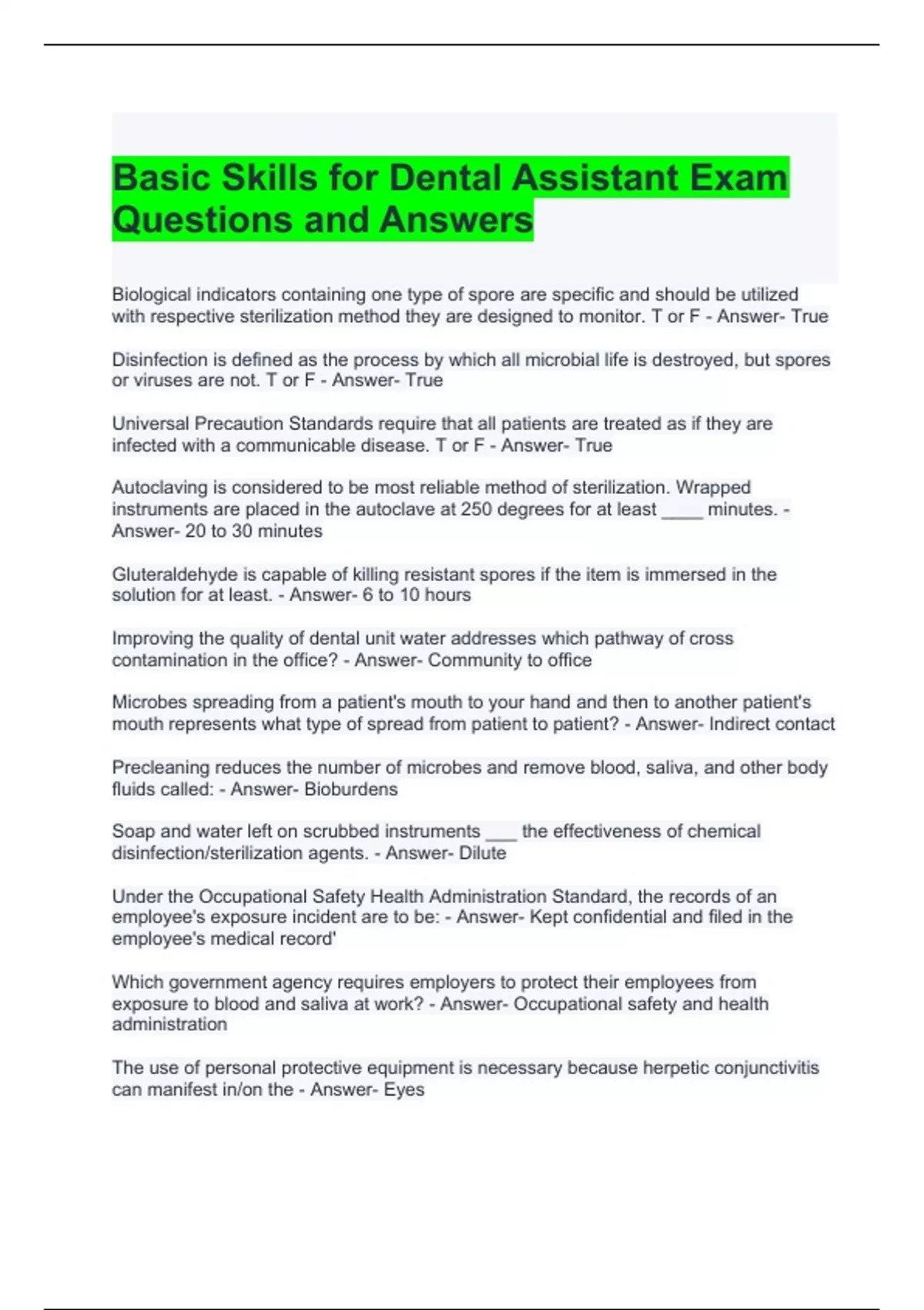 Basic Skills for Dental Assistant Exam Questions and Answers 100% ...