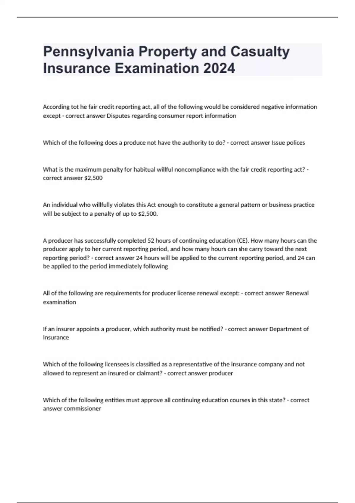 Pennsylvania Property and Casualty Insurance Examination 2024