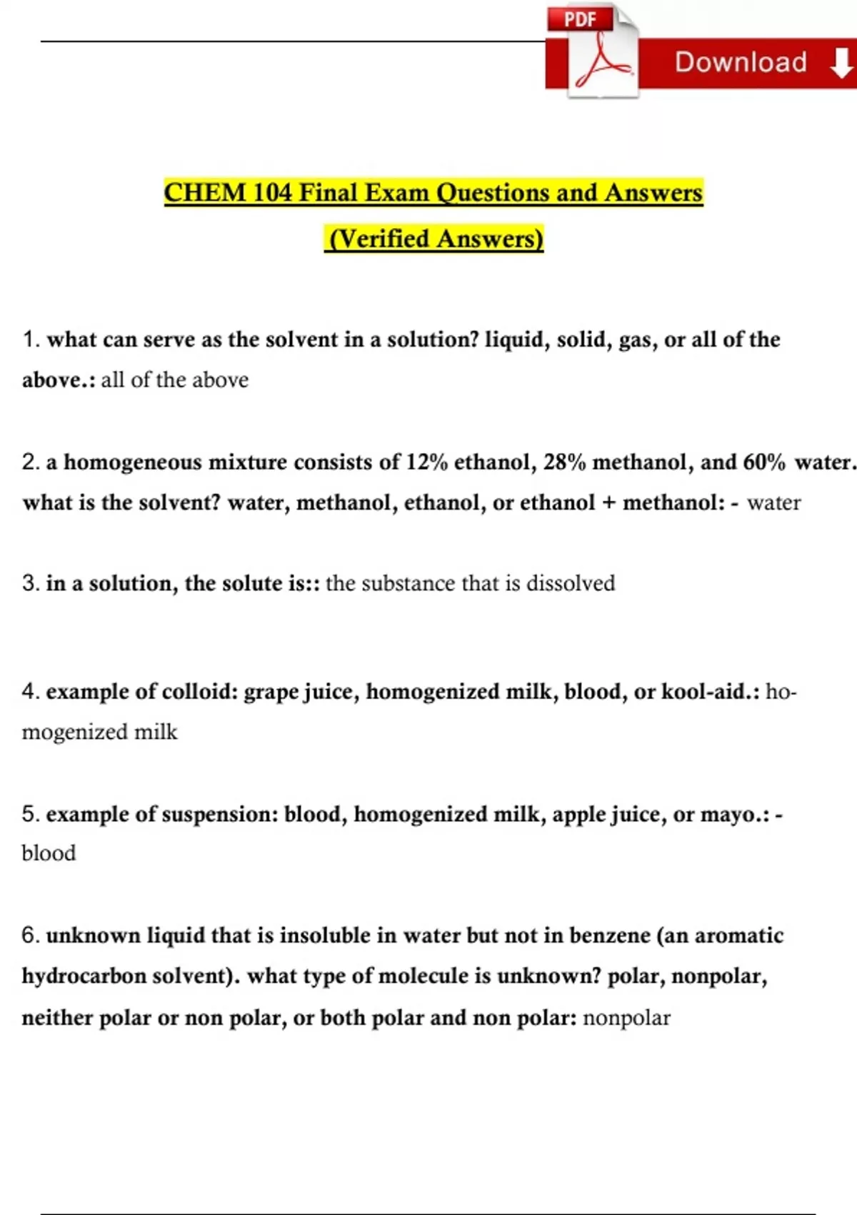 PORTAGE LEARNING CHEM 104 FINAL EXAM STUDY PACKAGE WITH QUESTIONS AND ...