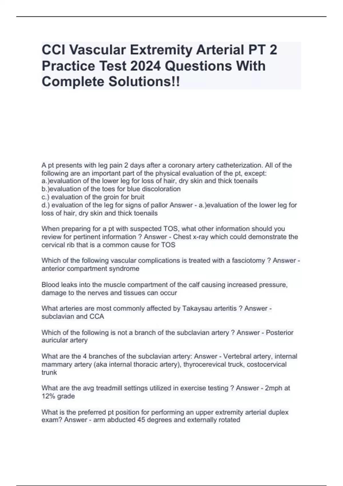 CCI Vascular Extremity Arterial PT 2 Practice Test 2024 Questions With