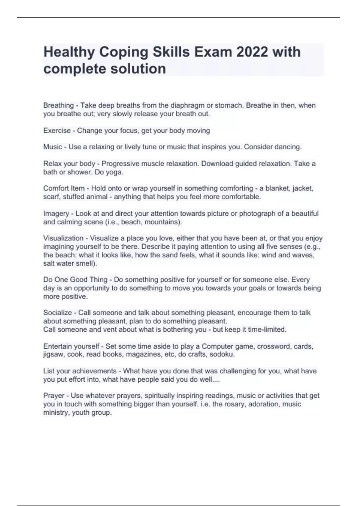 Healthy Coping Skills Exam 2024 with complete solution - Nursing ...