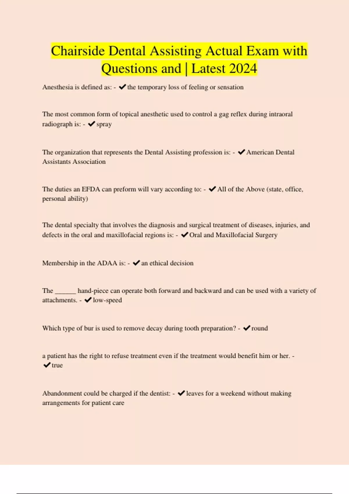 Chairside Dental Assisting Actual Exam with Questions and Latest 2024 Chairside Dental