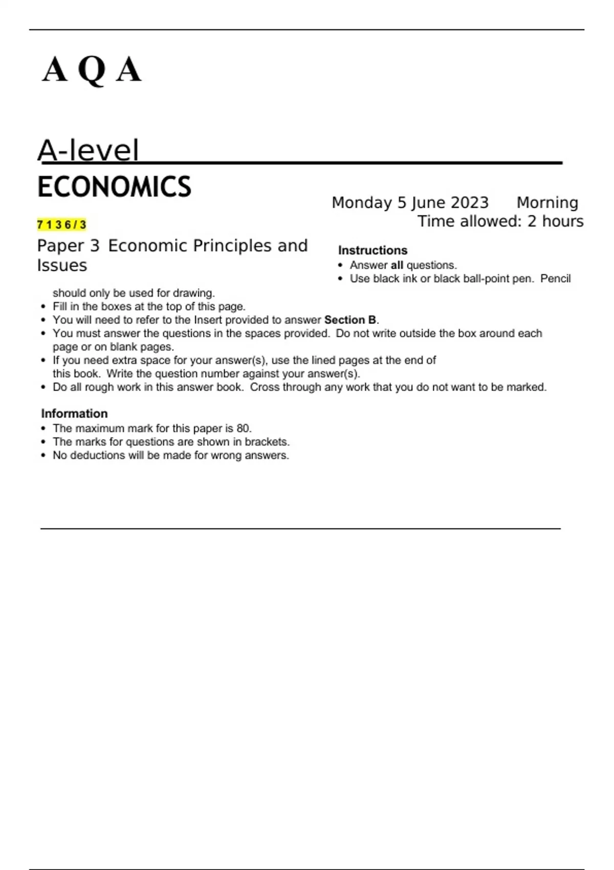 AQA A Level Economics paper 3 June 2023 QUESTION PAPER AND MARK SCHEME ...