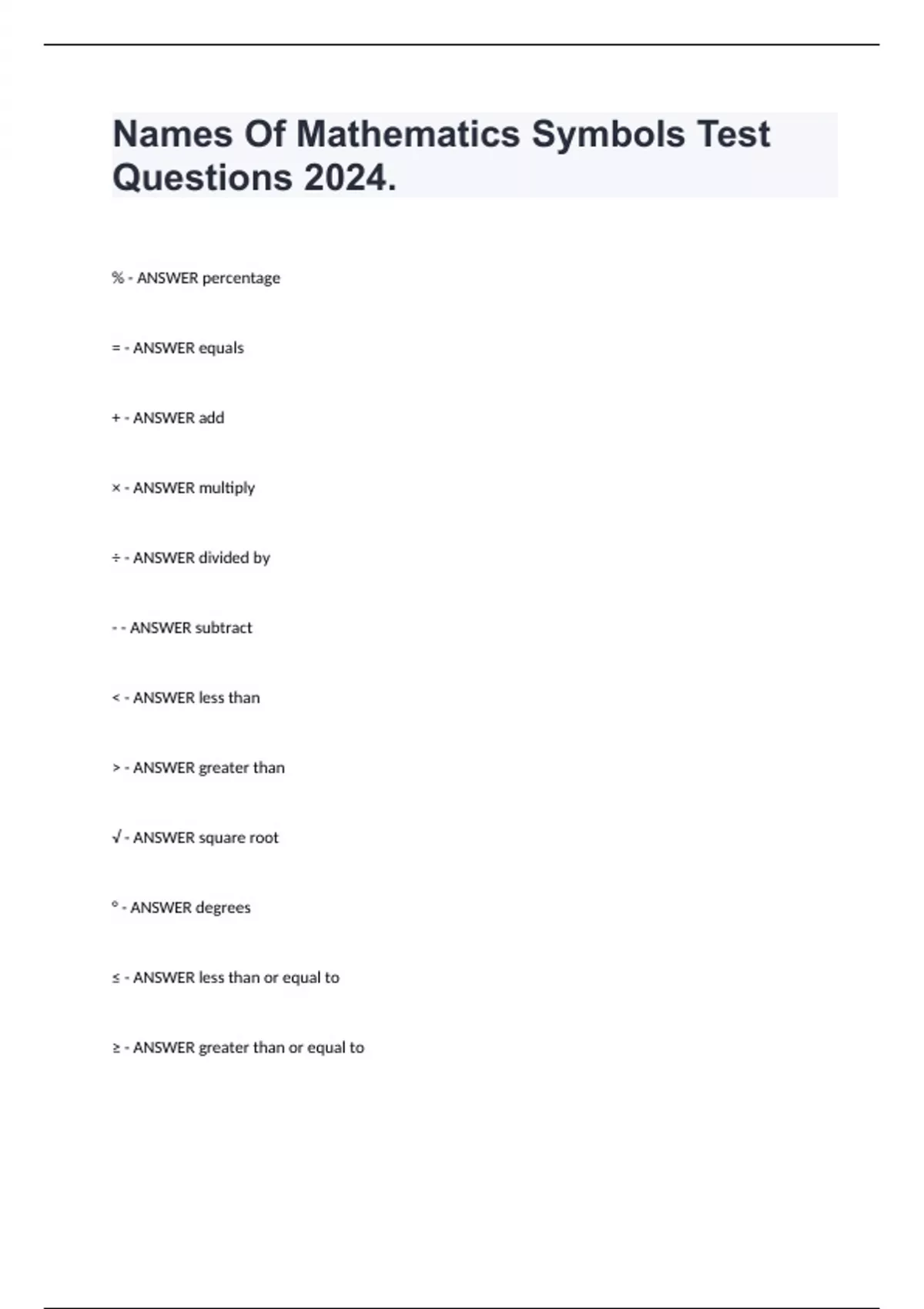Names Of Mathematics Symbols Test Questions 2024. - MATH. - Stuvia UK