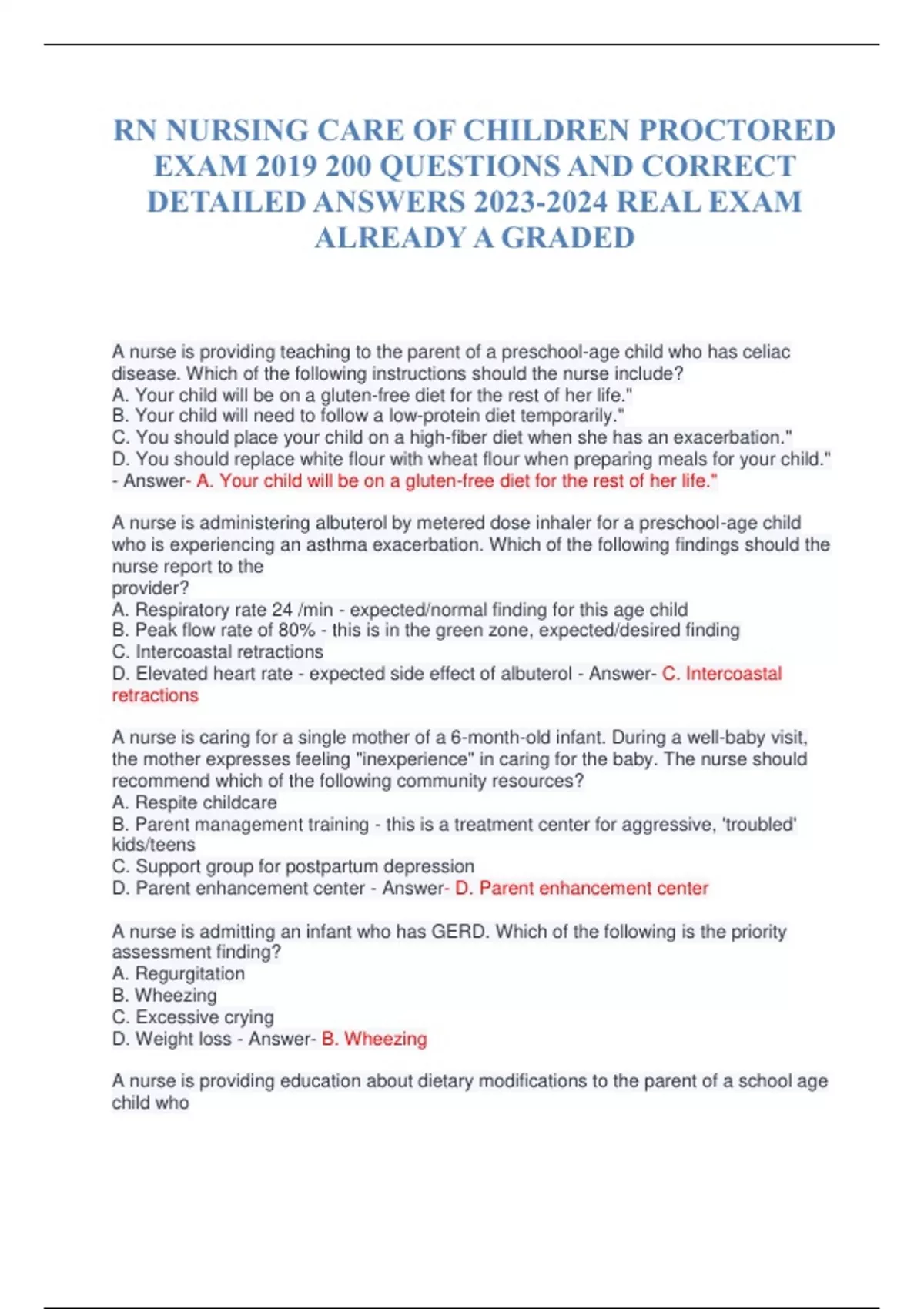 RN NURSING CARE OF CHILDREN PROCTORED EXAM 2019 200 QUESTIONS AND ...
