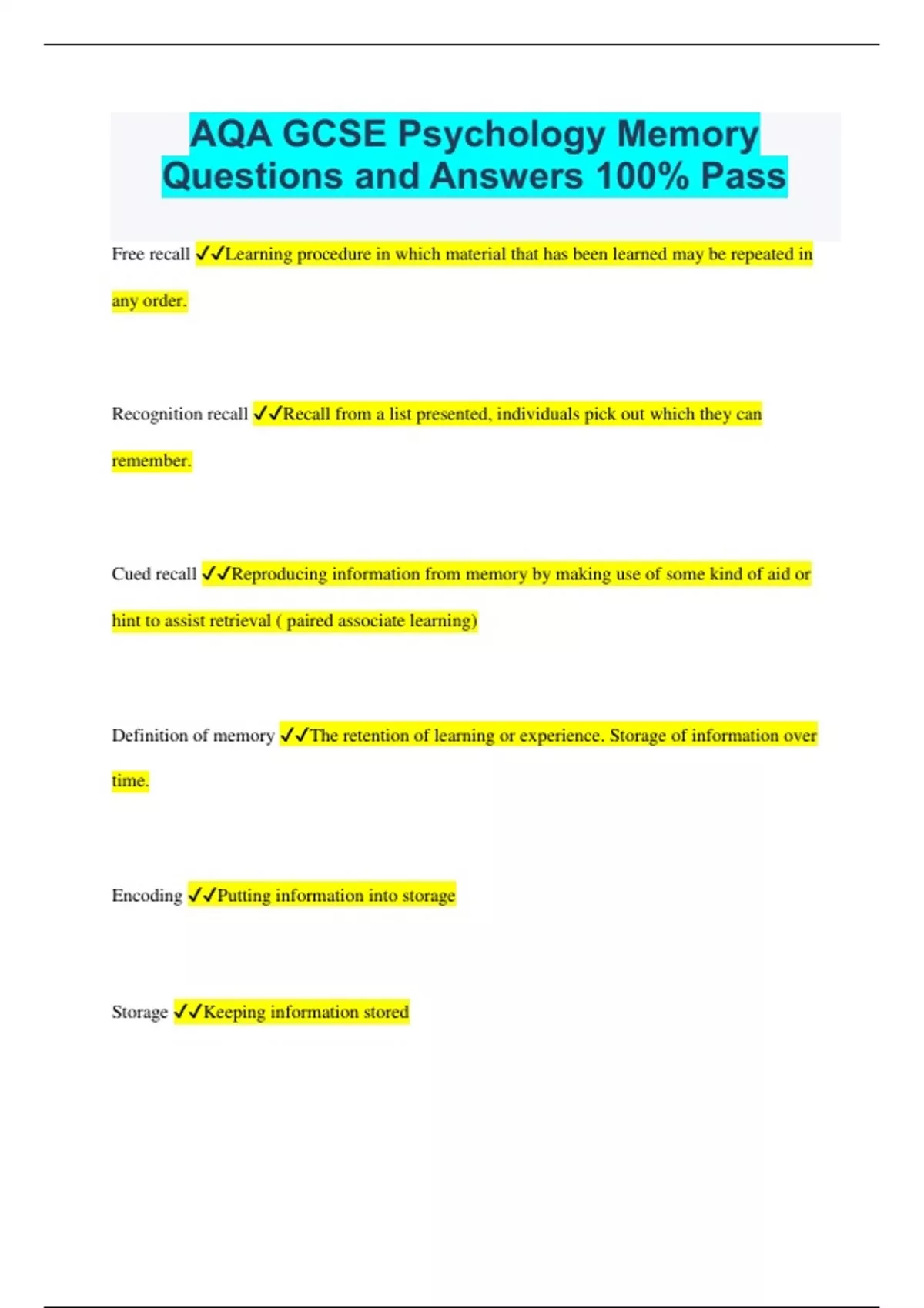 AQA GCSE Psychology Memory Questions and Answers 100% Pass - AQA GCSE ...