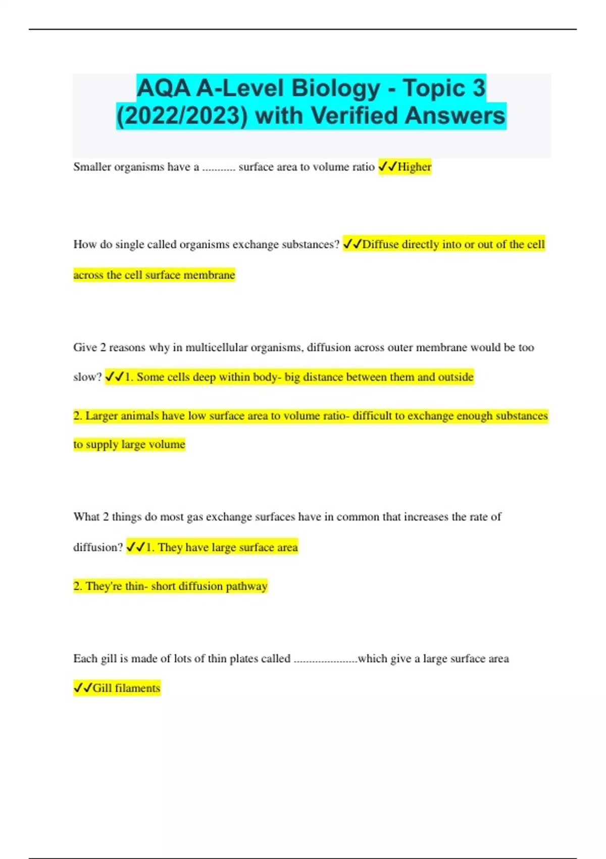 AQA A-Level Biology - Topic 3 (2022/2023) with Verified Answers - AQA A ...