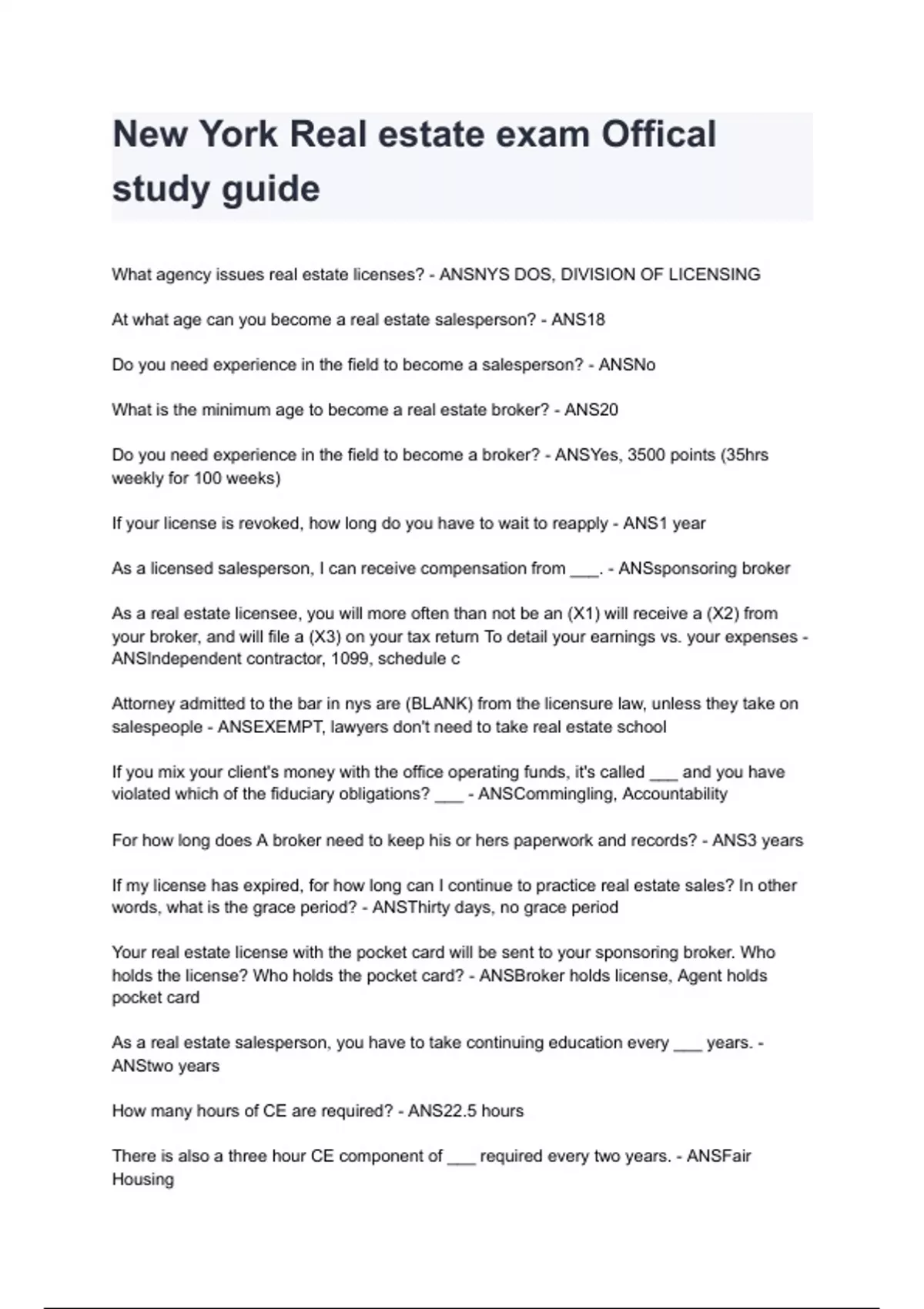 New York Real estate exam Offical study guide 2024/2025 (100% verified ...