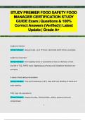 STUDY PREMIER FOOD SAFETY FOOD  MANAGER CERTIFICATION STUDY  GUIDE Exam &vert; Questions & 100&percnt;  Correct Answers &lpar;Verified&rpar; &vert; Latest  Update &vert; Grade A&plus;