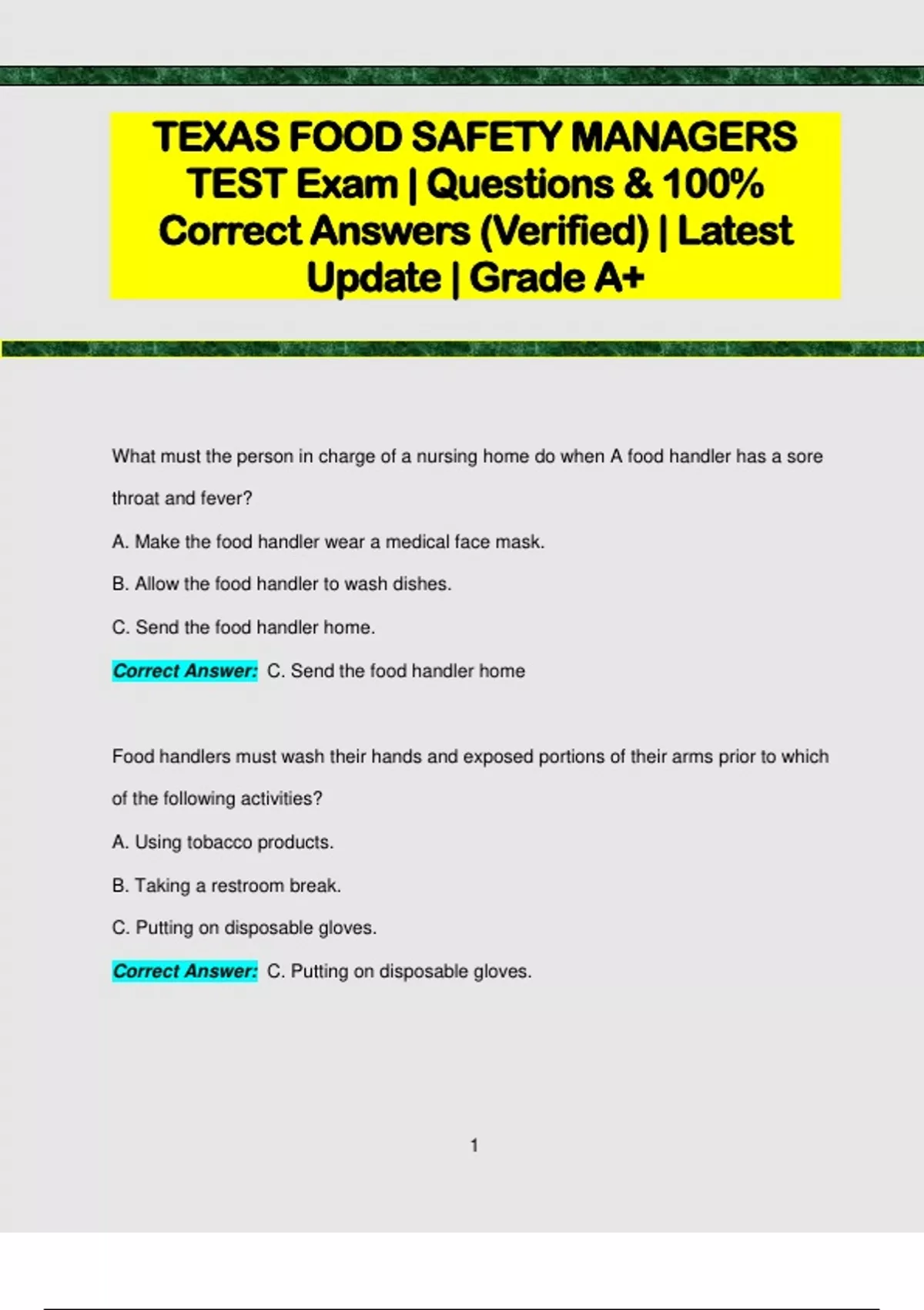 TEXAS FOOD SAFETY MANAGERS TEST Exam | Questions & 100% Correct Answers ...
