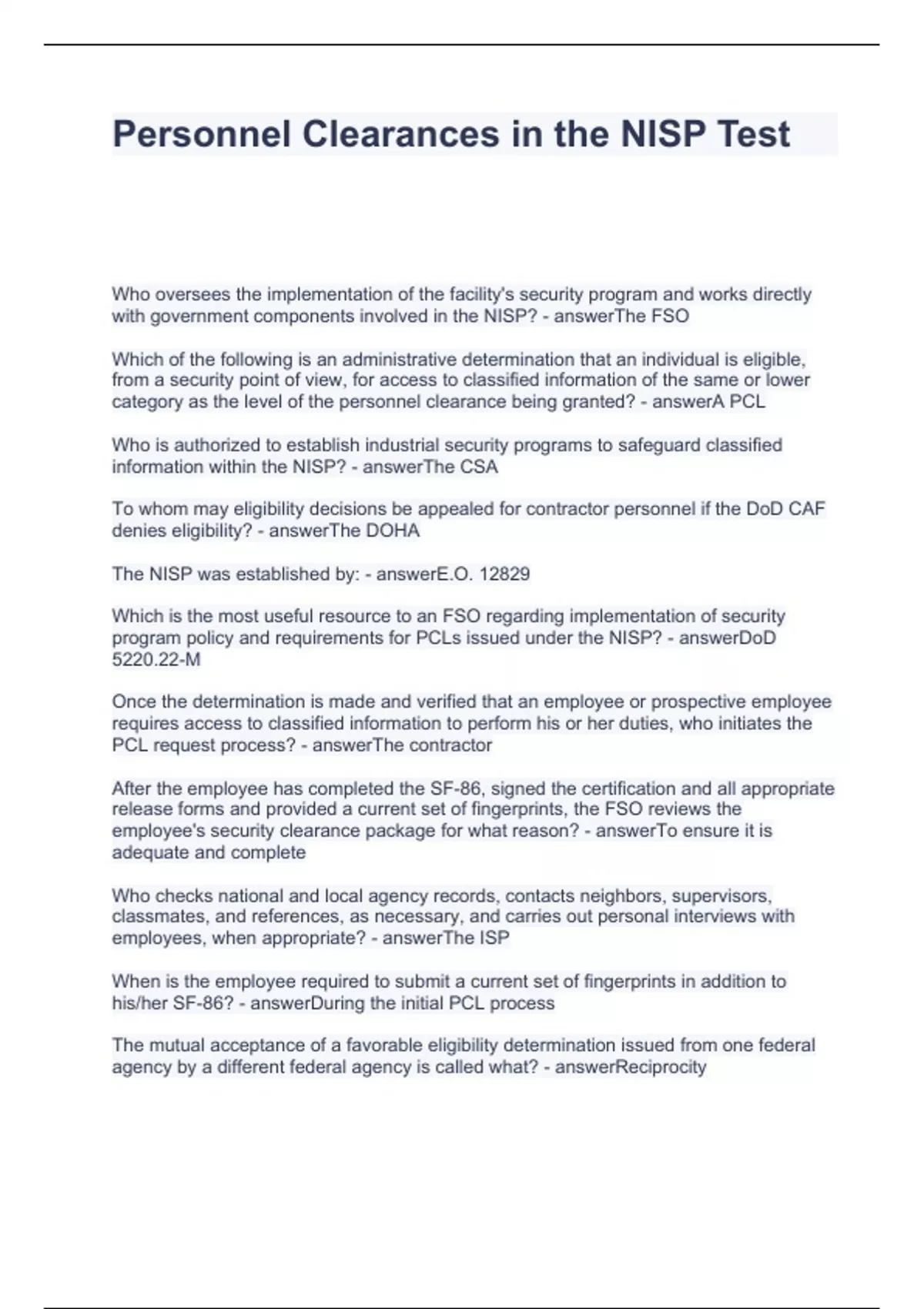 Personnel Clearances in the NISP Test Questions and Answers 100