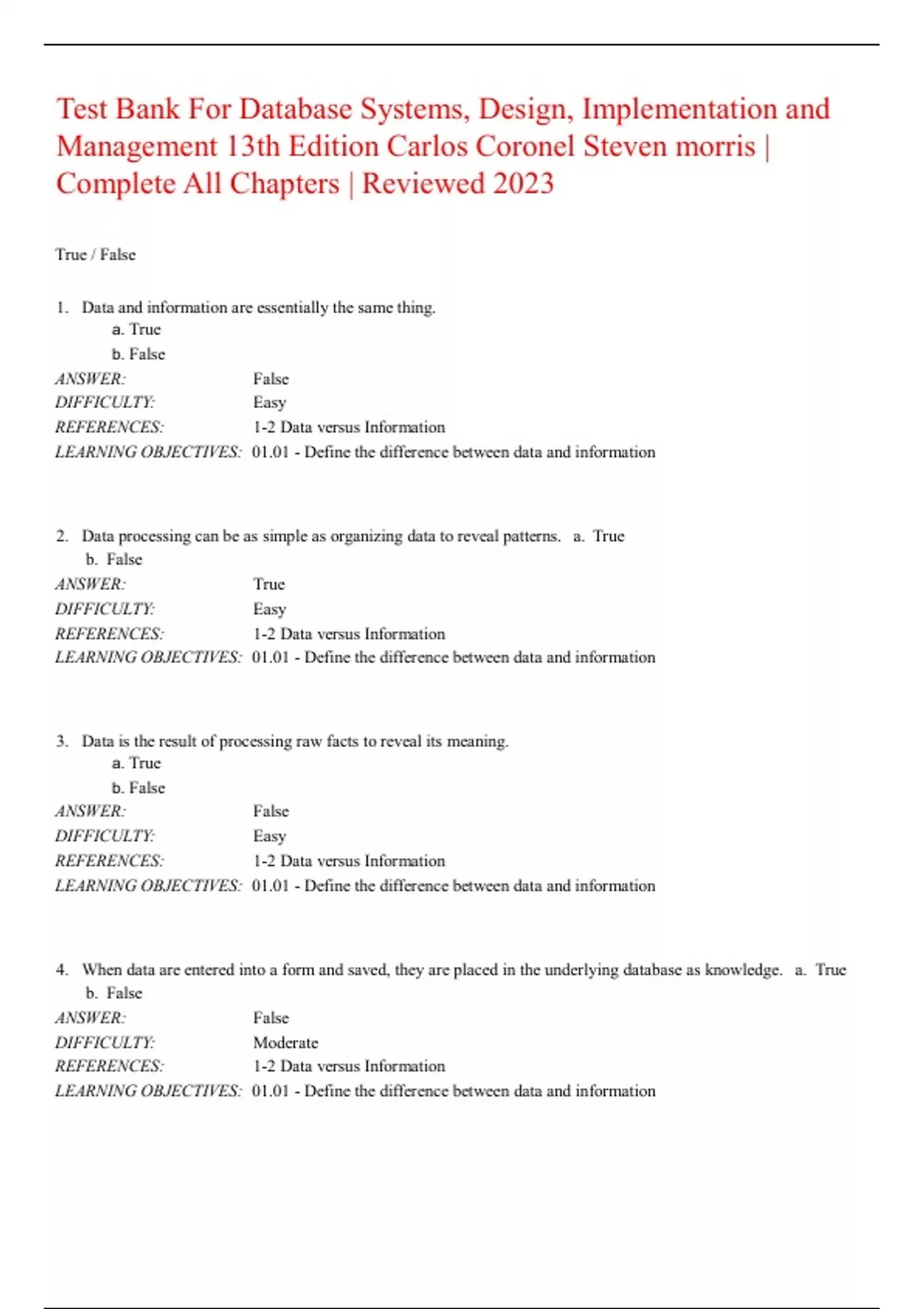 Test Bank For Database Systems, Design, Implementation and Management ...