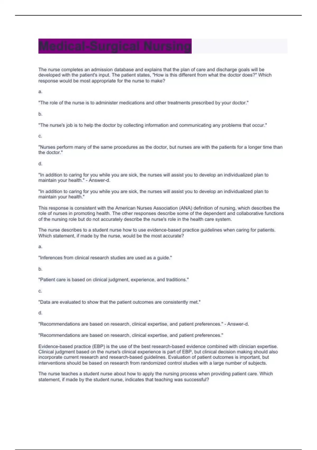 MedicalSurgical Nursing Questions And Answers MedicalSurgical