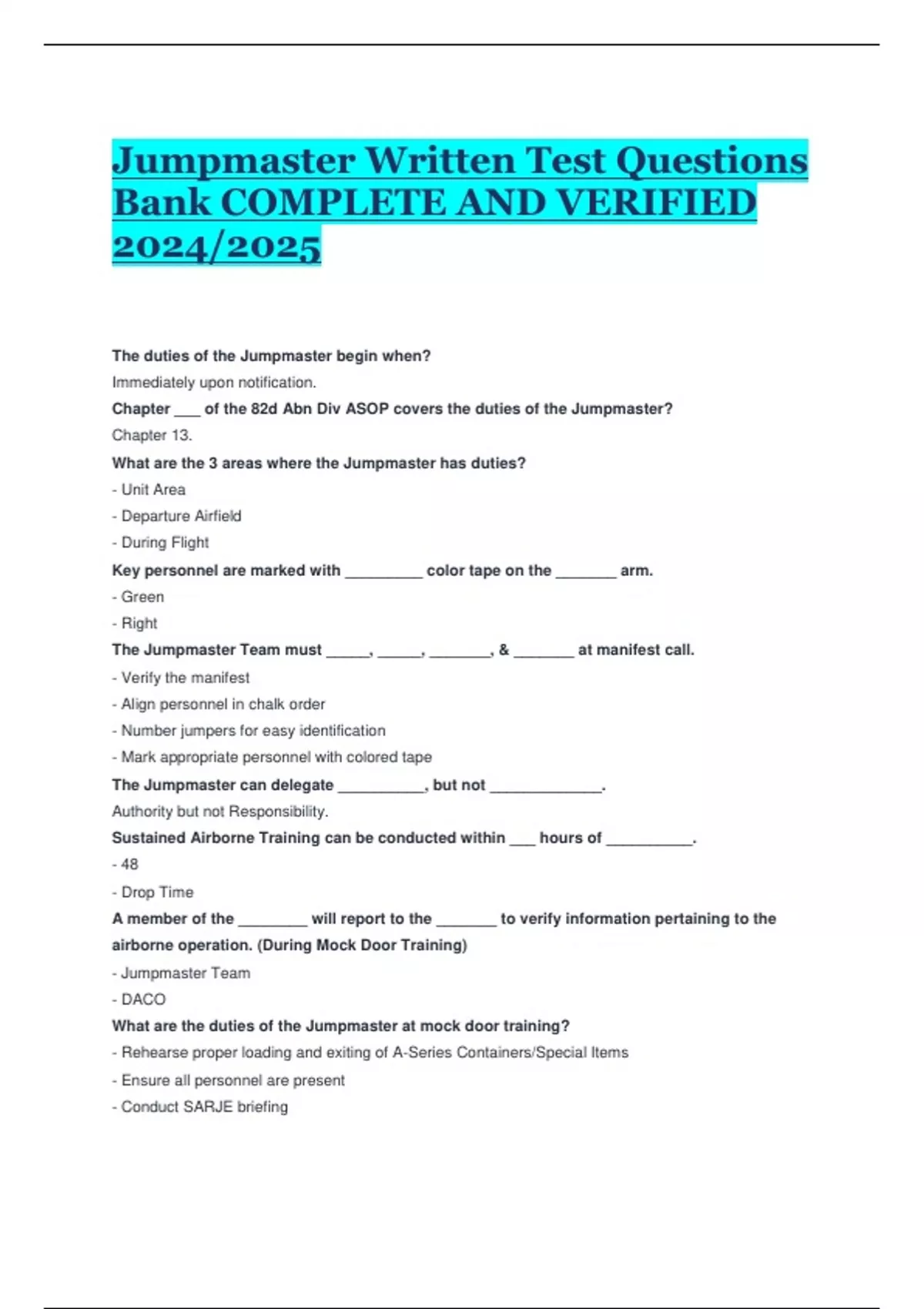 Jumpmaster Script Jumpmaster Written Test Questions Bank COMPLETE AND VERIFIED 2024/2025 ...