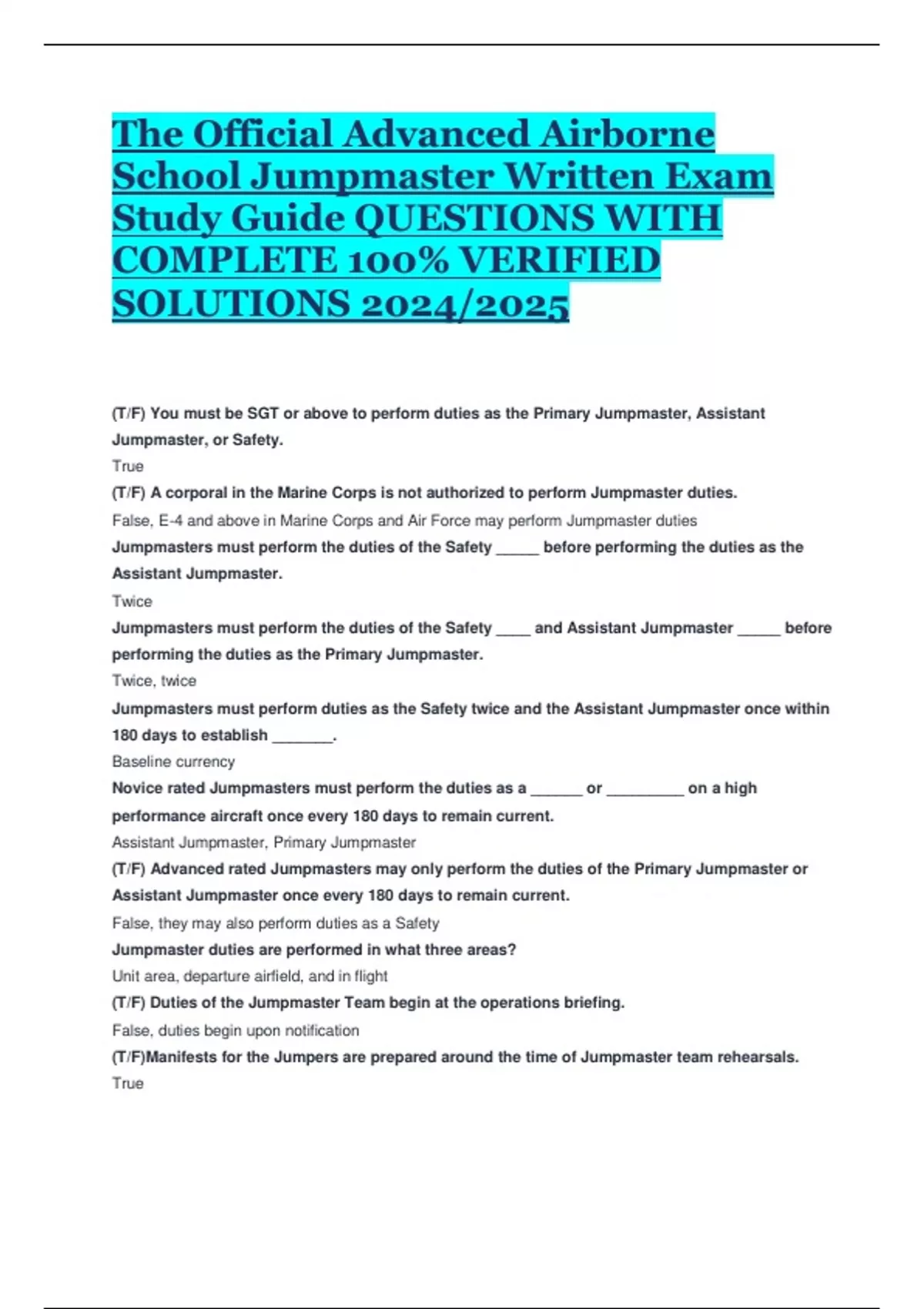 Jumpmaster Script The Official Advanced Airborne School Jumpmaster Written Exam Study ...
