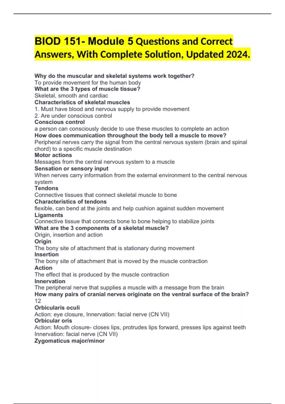 BIOD 151- Module 5 Questions and Correct Answers, With Complete ...