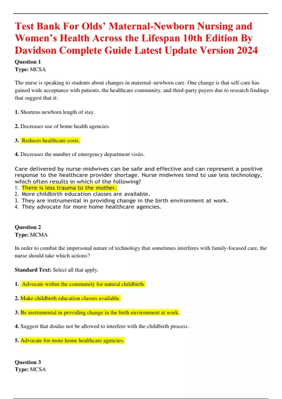 Test Bank For Olds’ Maternal-Newborn Nursing and Women’s Health Across ...