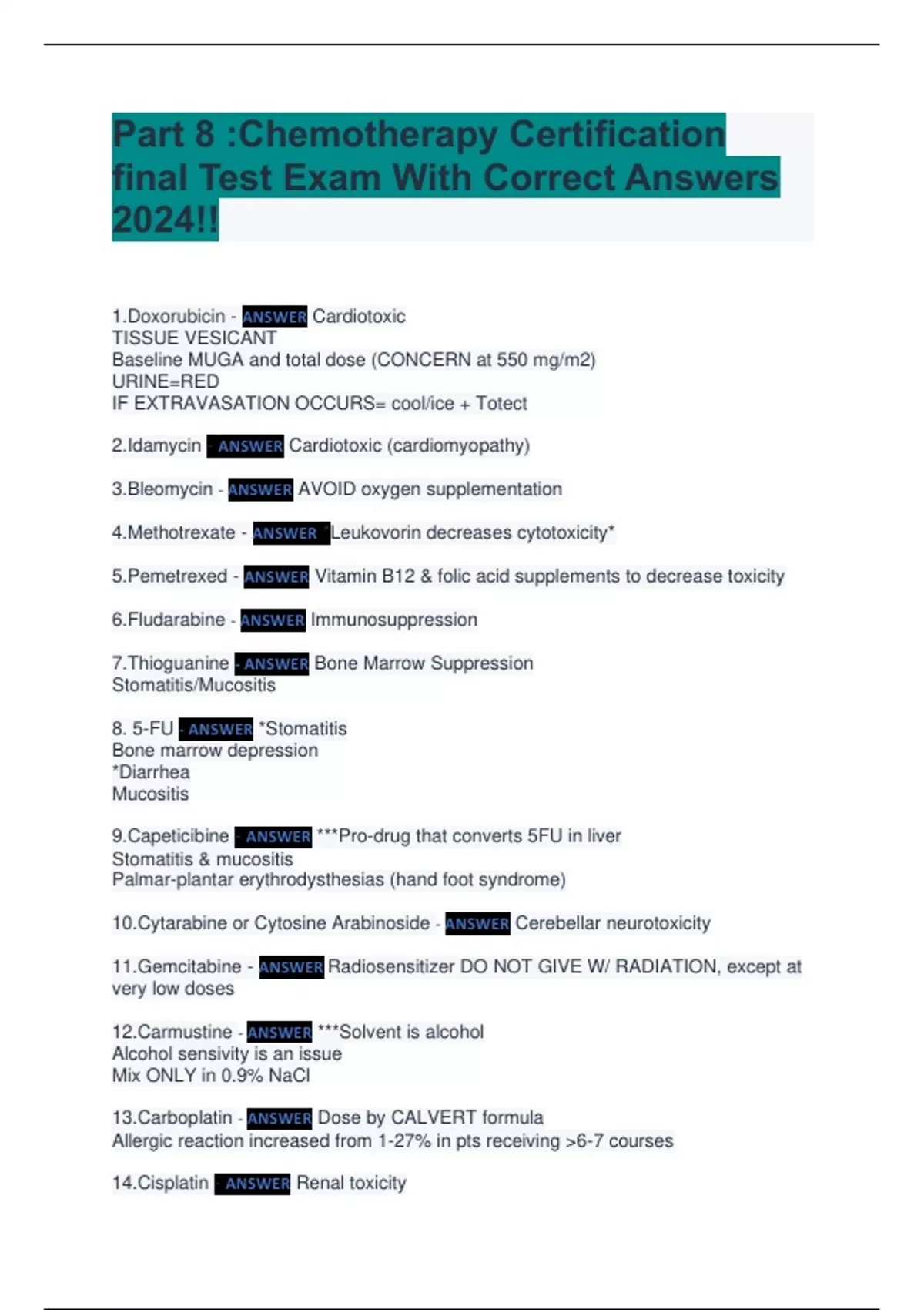 Part 8 Chemotherapy Certification final Test Exam With Correct Answers