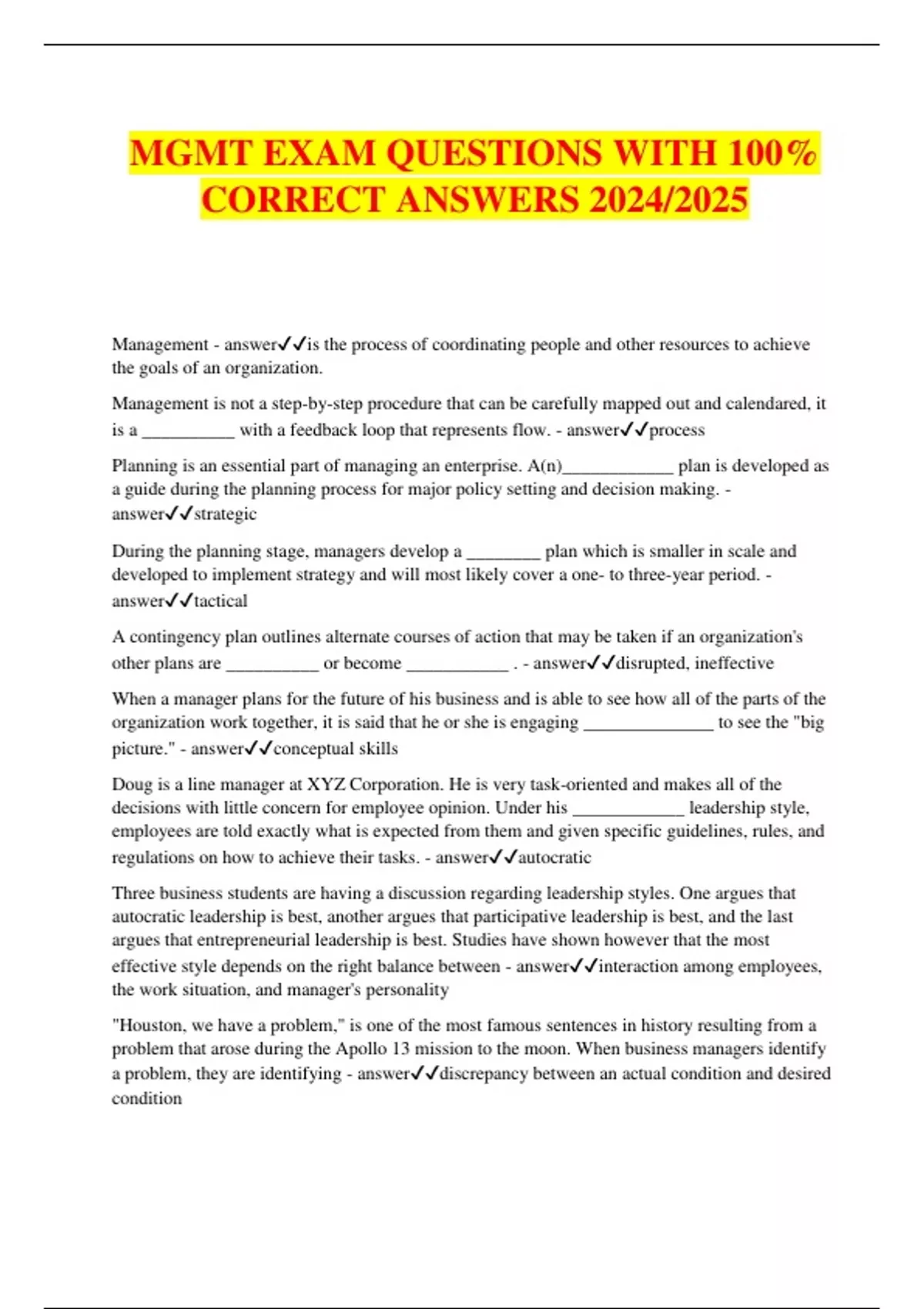 MGMT EXAM QUESTIONS WITH 100% CORRECT ANSWERS 2024/2025 - MGMT - Stuvia US