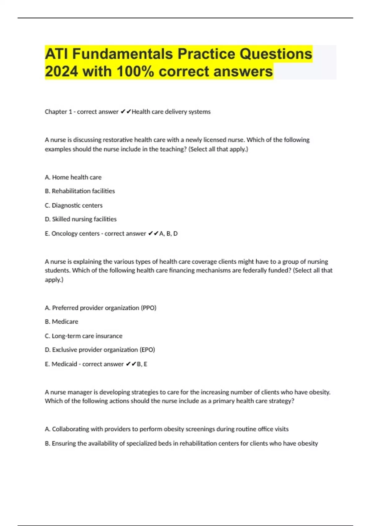 ATI Fundamentals Practice Questions 2024 with 100% correct answers ...