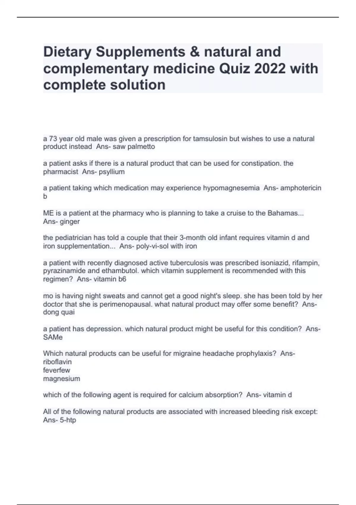 Dietary Supplements & natural and complementary medicine Quiz 2024 with