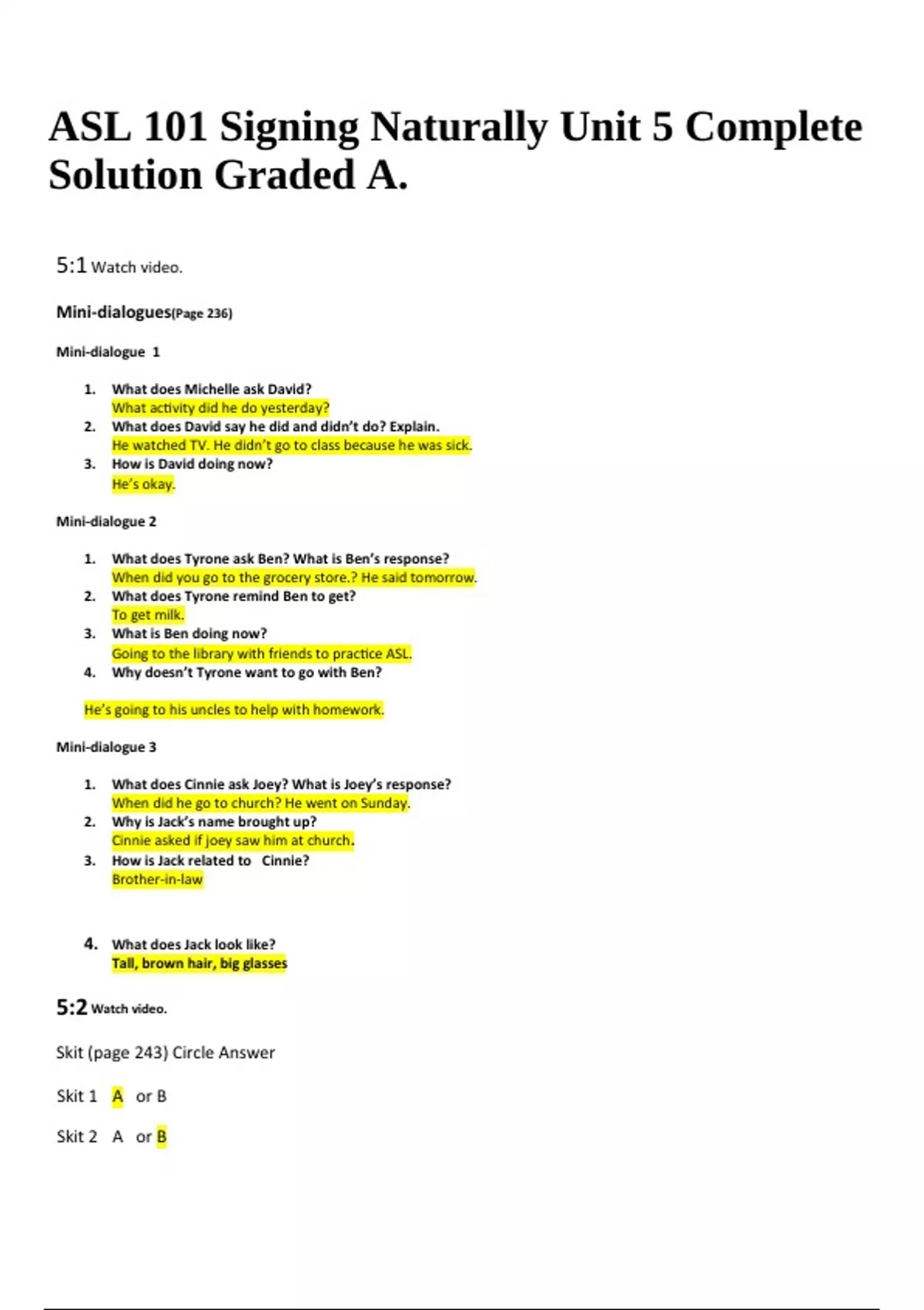 ASL 101 Signing Naturally Unit 5 Complete Solution Graded A. - ASL 101 ...