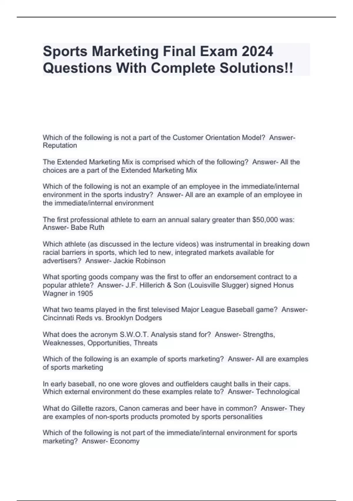 Sports Marketing Final Exam 2024 Questions With Complete Solutions