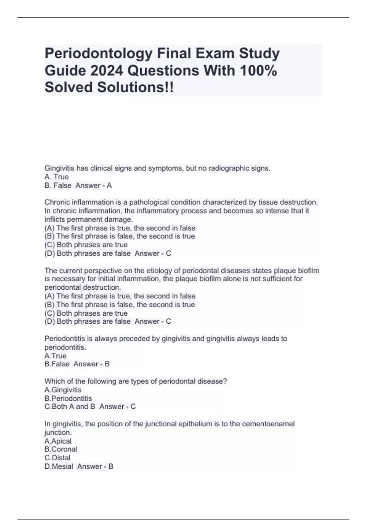 Periodontology Final Exam Study Guide 2024 Questions With 100% Solved ...