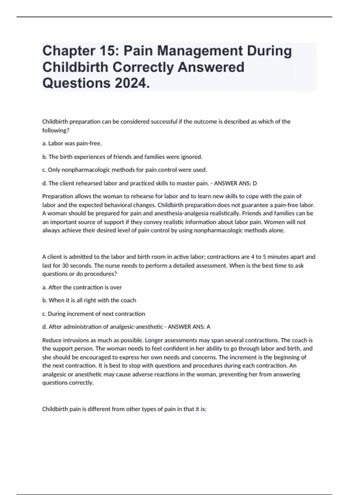 Chapter 15 Pain Management During Childbirth Correctly Answered