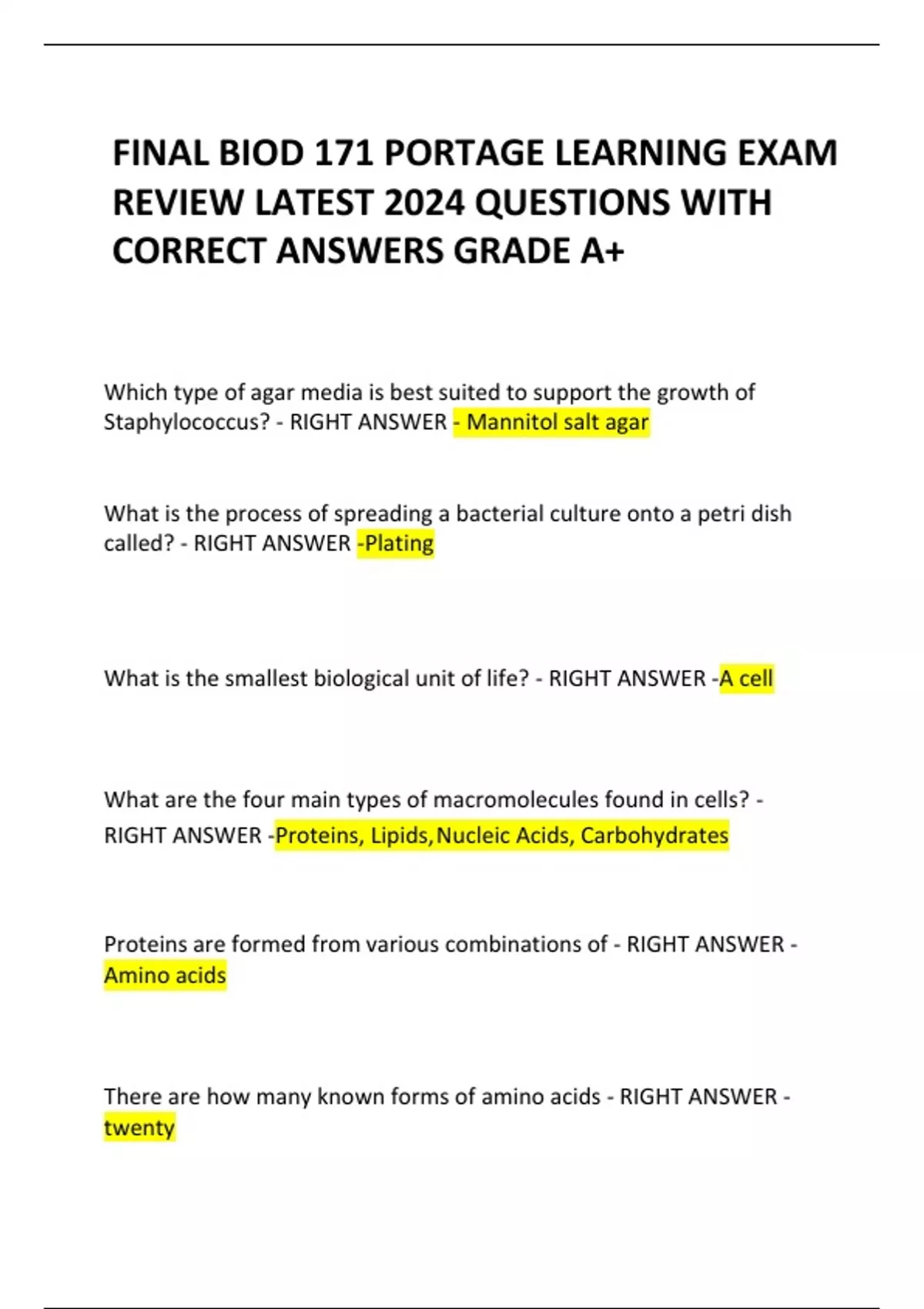 FINAL BIOD 171 PORTAGE LEARNING EXAM REVIEW LATEST 2024 QUESTIONS WITH ...