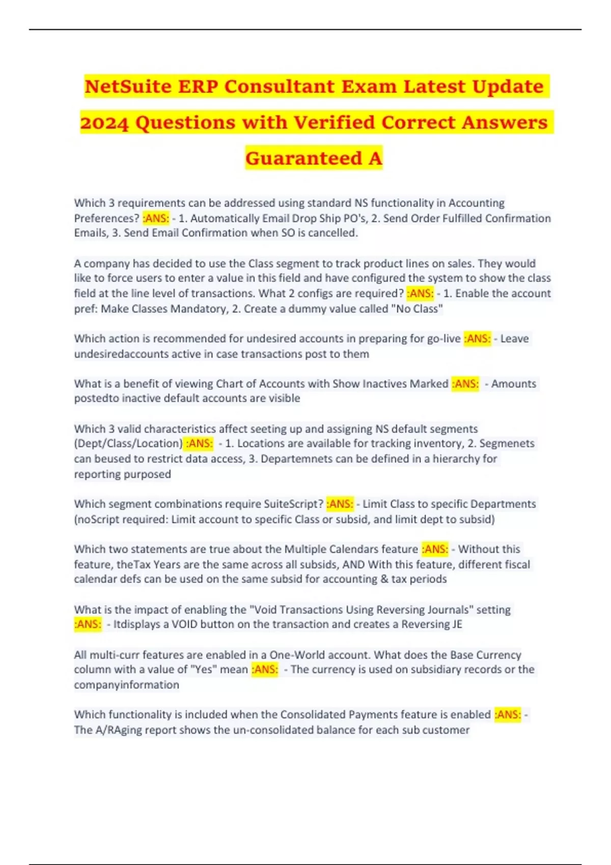 NetSuite ERP Consultant Exam Latest Update 2024 Questions with Verified