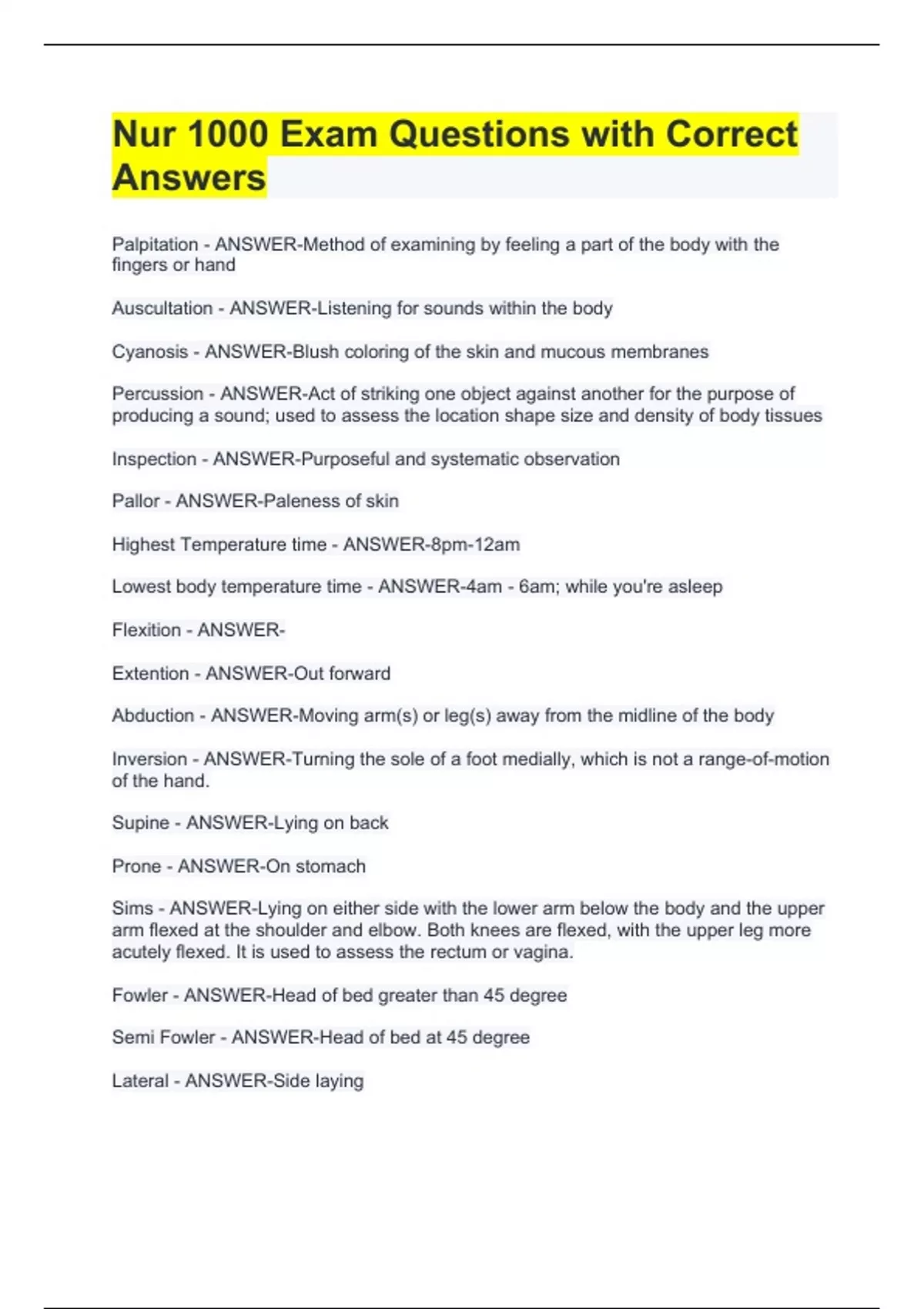 Nur 1000 Exam Questions with Correct Answers - NUR - Stuvia US