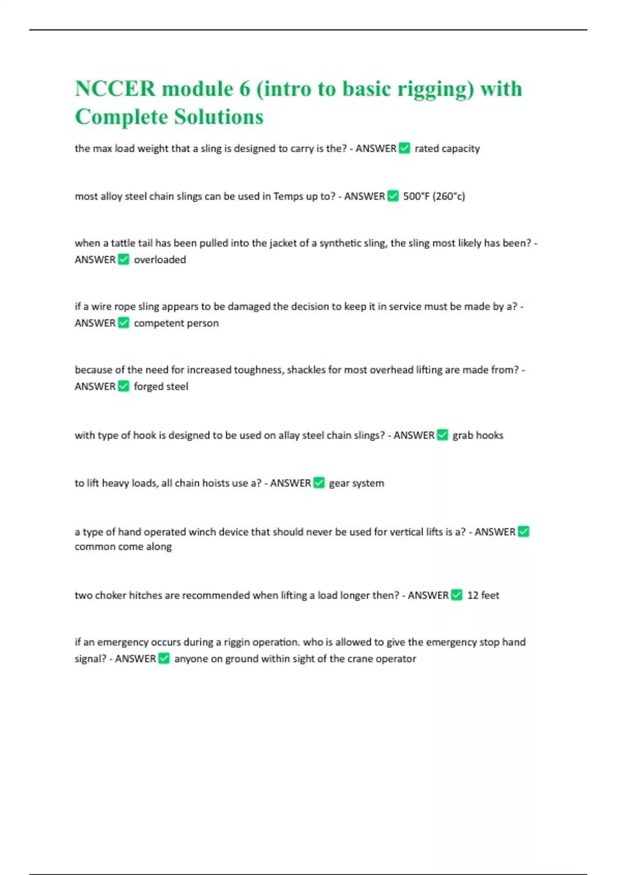 NCCER module 6 (intro to basic rigging) with Complete Solutions NCCER