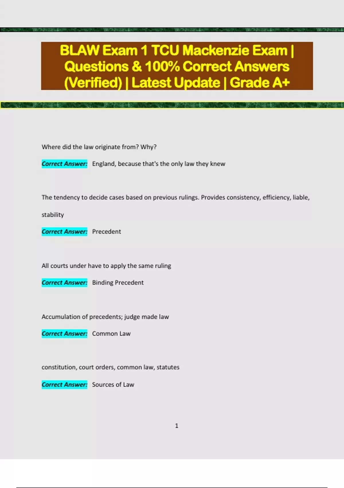 BLAW Exam 1 TCU Mackenzie Exam | Questions & 100% Correct Answers ...