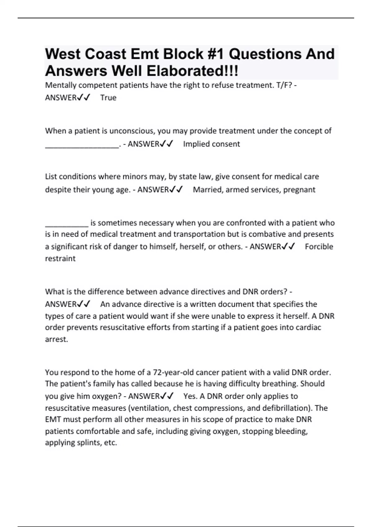West Coast Emt Block 1 Questions And Answers Well Elaborated!!! West coast Emt Stuvia US
