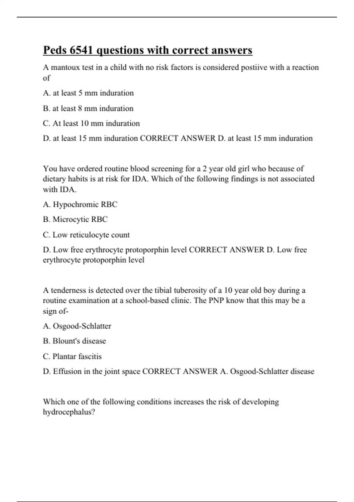 Peds 6541 questions with correct answers - Peds 6541 - Stuvia US