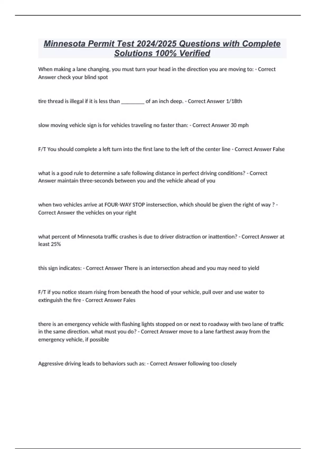 Minnesota Permit Test 2024/2025 Questions with Complete Solutions 100