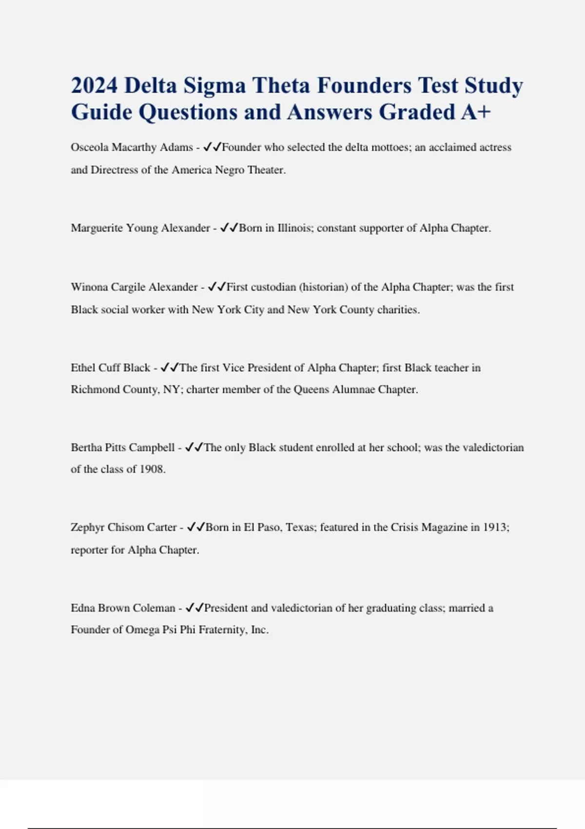 2024 Delta Sigma Theta Founders Test Study Guide Questions and Answers ...