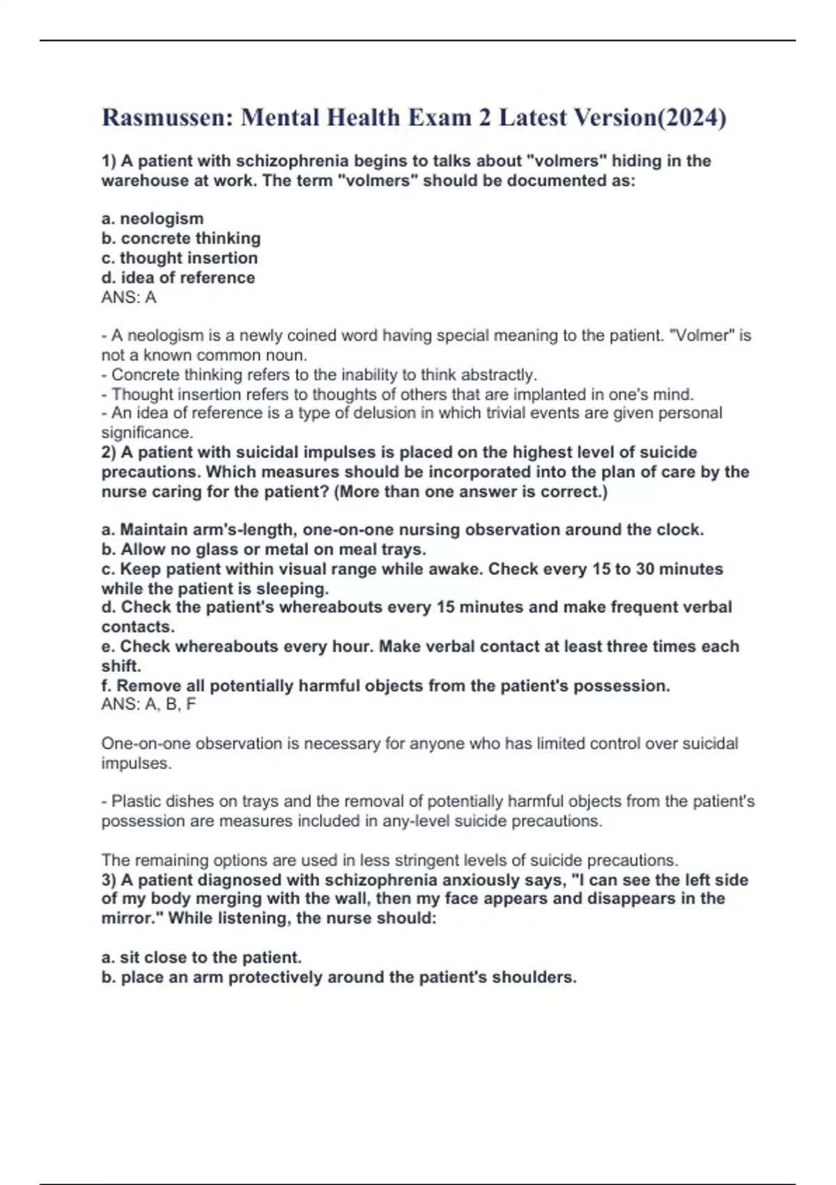 Rasmussen: Mental Health Exam 2 Latest Version(2024) - Mental Health ...