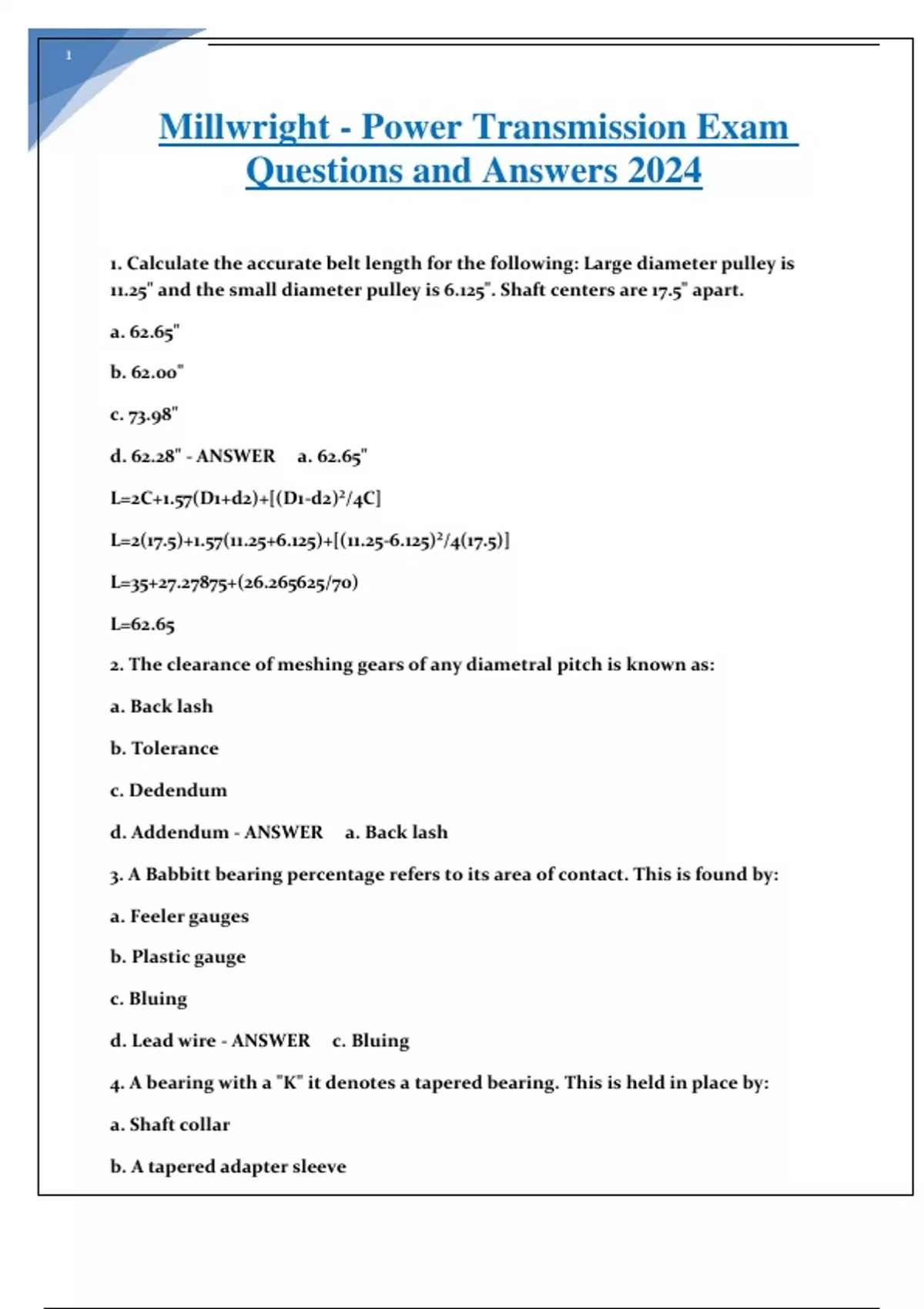 Millwright Power Transmission Exam Questions and Answers 2024