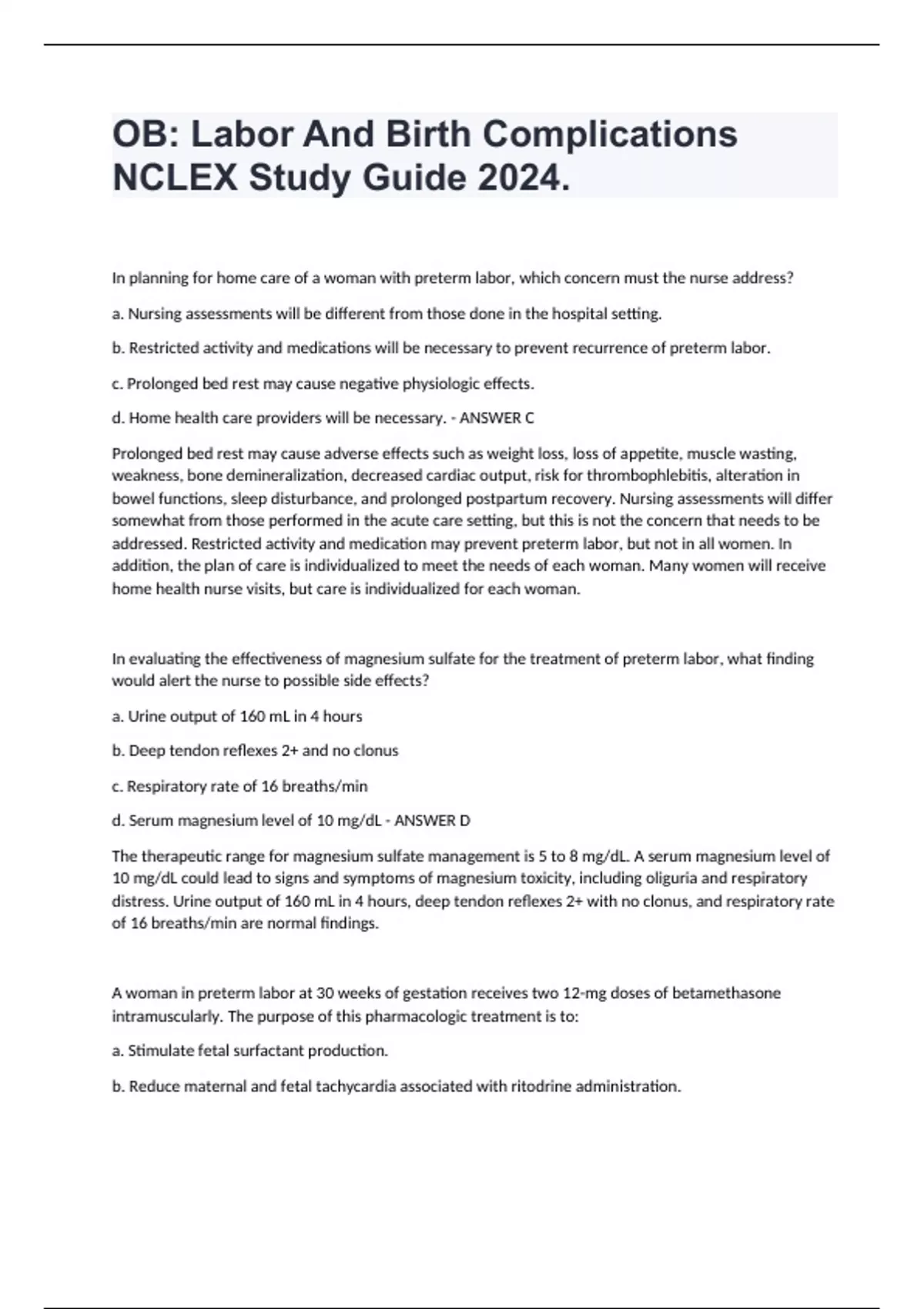 OB: Labor And Birth Complications NCLEX Study Guide 2024. - OB. - Stuvia US