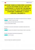 MOTOR VEHICLE INDUSTRY LICENSE&comma;  SALES MASTERY EXAM &lpar; SET OF  QUESTIONS 1&rpar;&comma; STATE OF COLORADO  SALES LICENSE TEST &vert; QUESTIONS &  ANSWERS &lpar;VERIFIED&rpar; &vert; LATEST  UPDATE &vert; GRADED A&plus;